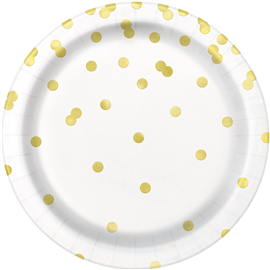 Plate Paper White And Gold Dots 23cm 8/pk