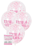 Balloons Clear Its a Girl Print with Pink Confetti 6 Pack